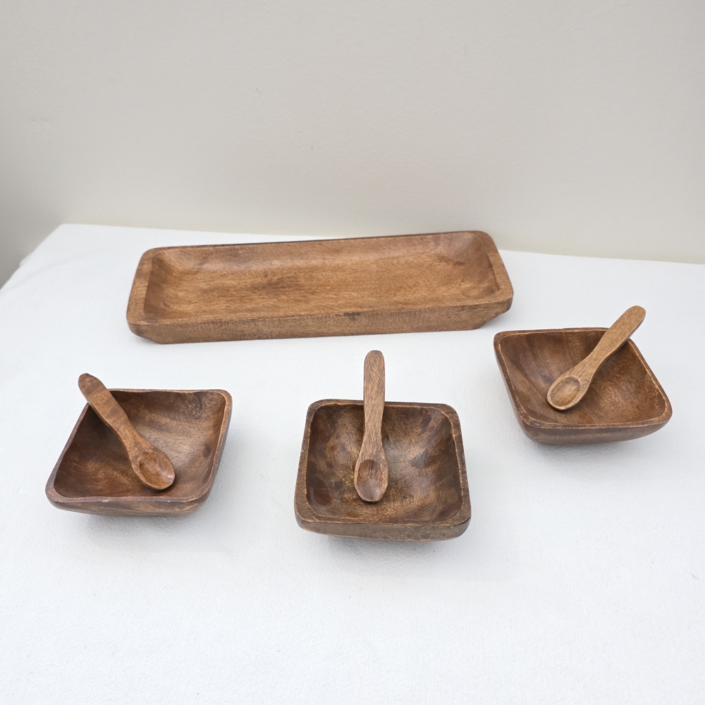 Vtg Monkeypod Serving Set Rustic Retro MCM Teak Walnut
